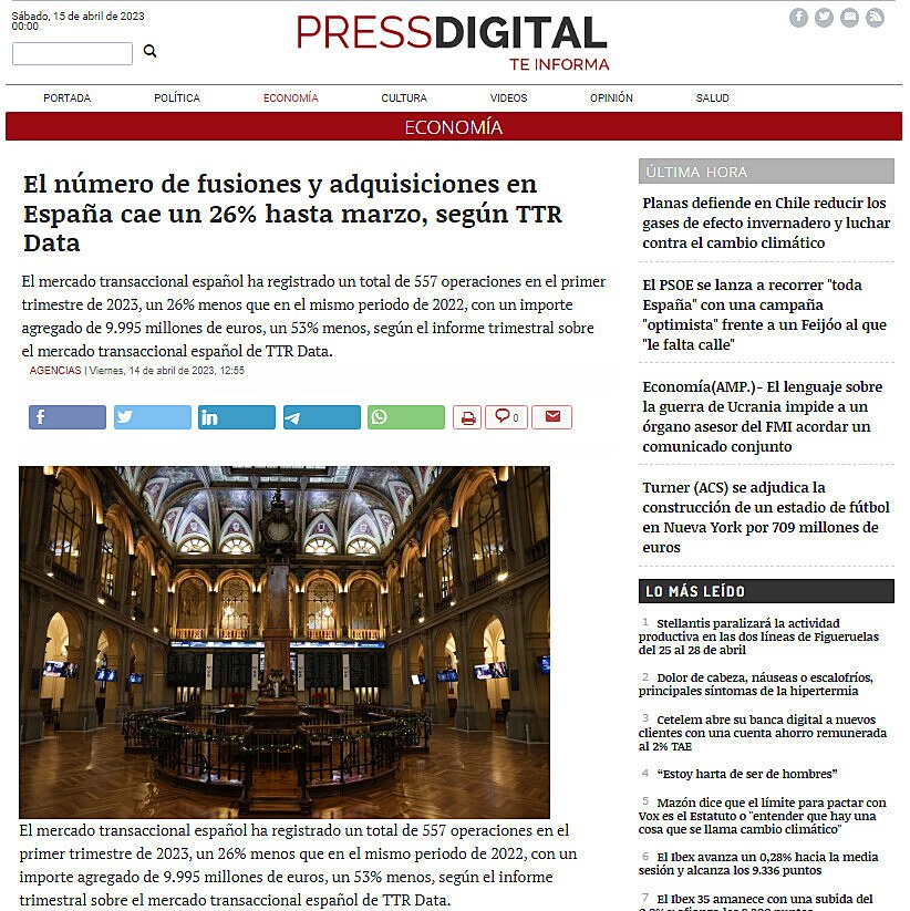 El nmero de fusiones y adquisiciones en Espaa cae un 26% hasta marzo, segn TTR Data